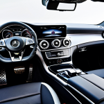 A sophisticated and luxurious interior view of a Mercedes-Benz CLS sedan. The focus is on the dashboard with its flowing design lines, the rich, high-quality leather upholstery with precise stitching, and elegant polished wood trim accents. Customizable 64-color ambient lighting casts a soft, artistic glow across the cabin, highlighting the smooth surfaces and metallic air vent surrounds. Subtle details of a premium sound system's speaker grilles are visible. The overall scene exudes comfort and opulence. safe for work, appropriate content, fully clothed, professional, high-resolution, detailed, cinematic lighting, ultra quality.