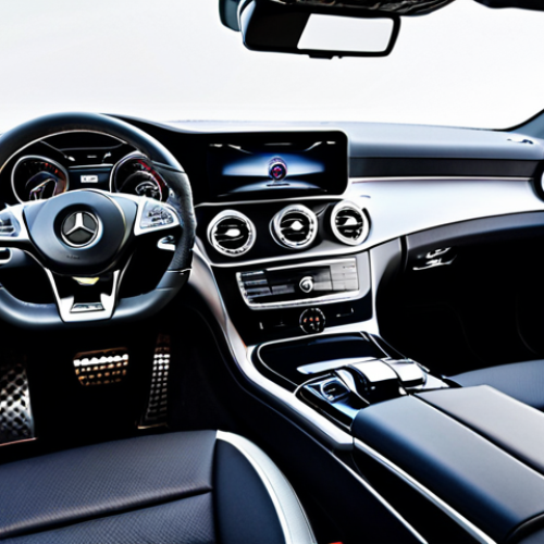 Home 17 A sophisticated and luxurious interior view of a Mercedes-Benz CLS sedan. The focus is on the dashboard with its flowing design lines, the rich, high-quality leather upholstery with precise stitching, and elegant polished wood trim accents. Customizable 64-color ambient lighting casts a soft, artistic glow across the cabin, highlighting the smooth surfaces and metallic air vent surrounds. Subtle details of a premium sound system's speaker grilles are visible. The overall scene exudes comfort and opulence. safe for work, appropriate content, fully clothed, professional, high-resolution, detailed, cinematic lighting, ultra quality.