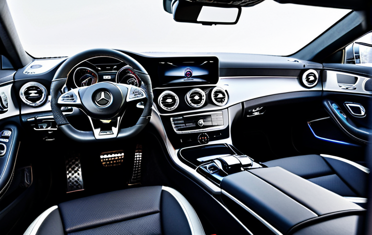 A sophisticated and luxurious interior view of a Mercedes-Benz CLS sedan. The focus is on the dashboard with its flowing design lines, the rich, high-quality leather upholstery with precise stitching, and elegant polished wood trim accents. Customizable 64-color ambient lighting casts a soft, artistic glow across the cabin, highlighting the smooth surfaces and metallic air vent surrounds. Subtle details of a premium sound system's speaker grilles are visible. The overall scene exudes comfort and opulence. safe for work, appropriate content, fully clothed, professional, high-resolution, detailed, cinematic lighting, ultra quality.